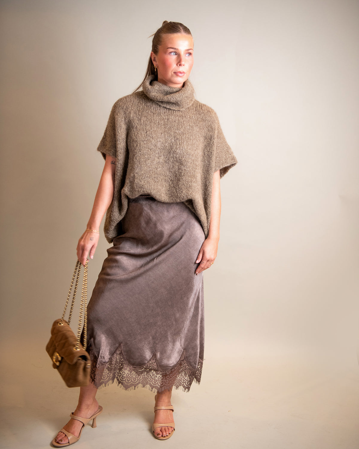 Lace Trim Satin Skirt